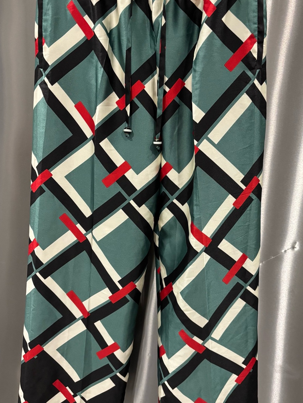 Zara Geometric Print Drawstring Pants in Teal, Black & Red